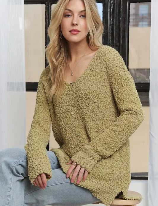 Yellow-Green ADORA High-Low Side Slit V-Neck Sweater | Sweaters Daverri Fashions