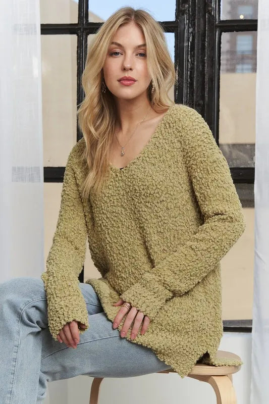 Yellow-Green ADORA High-Low Side Slit V-Neck Sweater | Sweaters Daverri Fashions