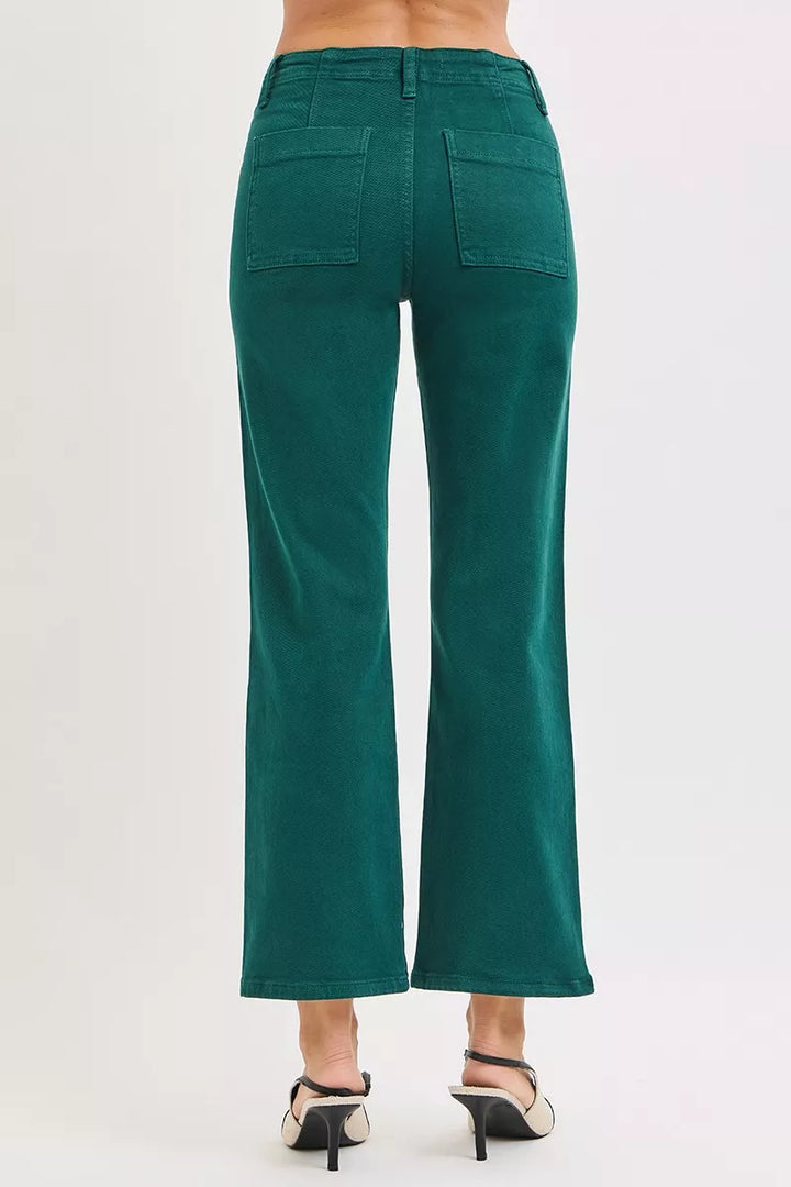 RISEN High Rise Ankle Flare Patch Pocket Jeans | Daverri Fashions