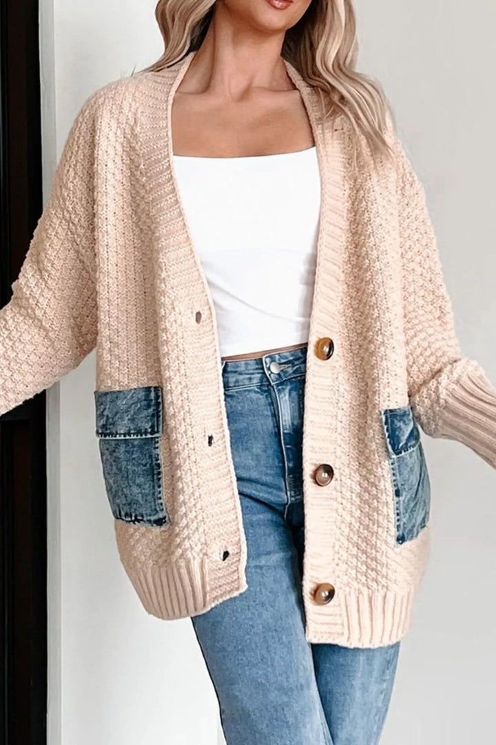 Denim Pockets Textured Knit Open-Front Cardigan | Cardigans Daverri Fashions
