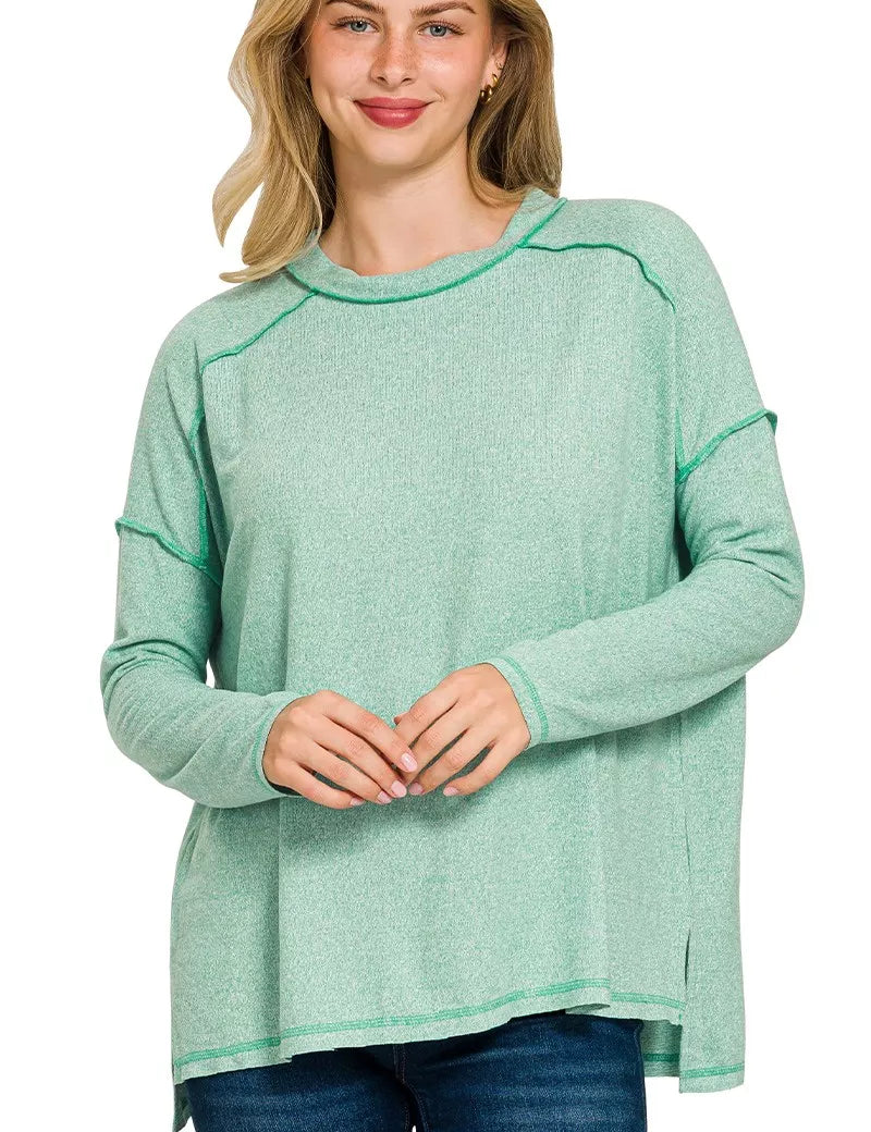 K GREEN Zenana Full Size Melange Hacci Exposed Seam Hi-low Tee Plus Size | Daverri Fashions