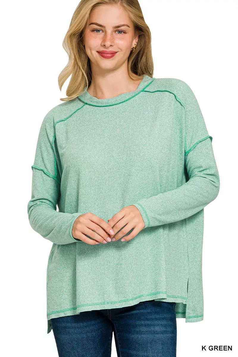 K GREEN Zenana Full Size Melange Hacci Exposed Seam Hi-low Tee Plus Size | Daverri Fashions
