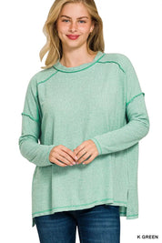 K GREEN Zenana Full Size Melange Hacci Exposed Seam Hi-low Tee Plus Size | Daverri Fashions