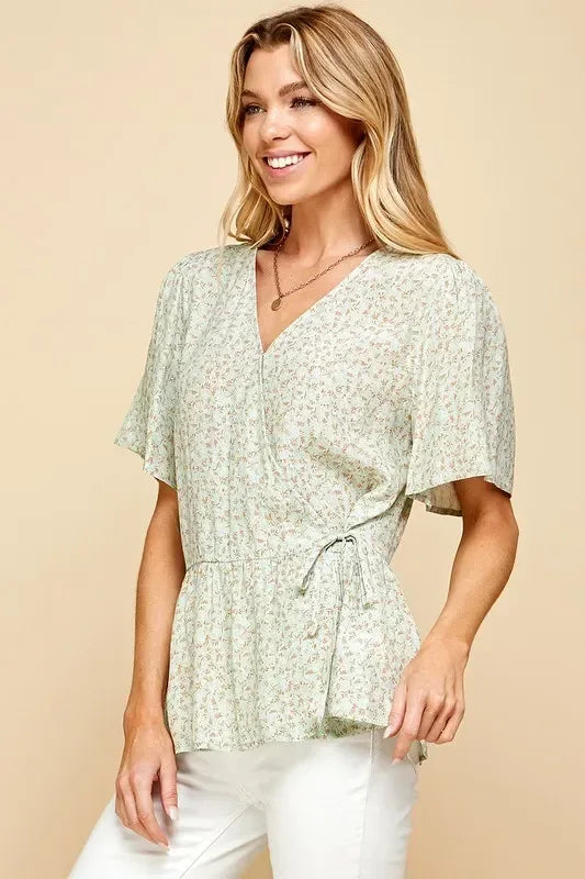 Lime 'N' Chili Ditsy Print V-Neck Short Sleeve Wrap Blouse - DAVERRI FASHIONS
