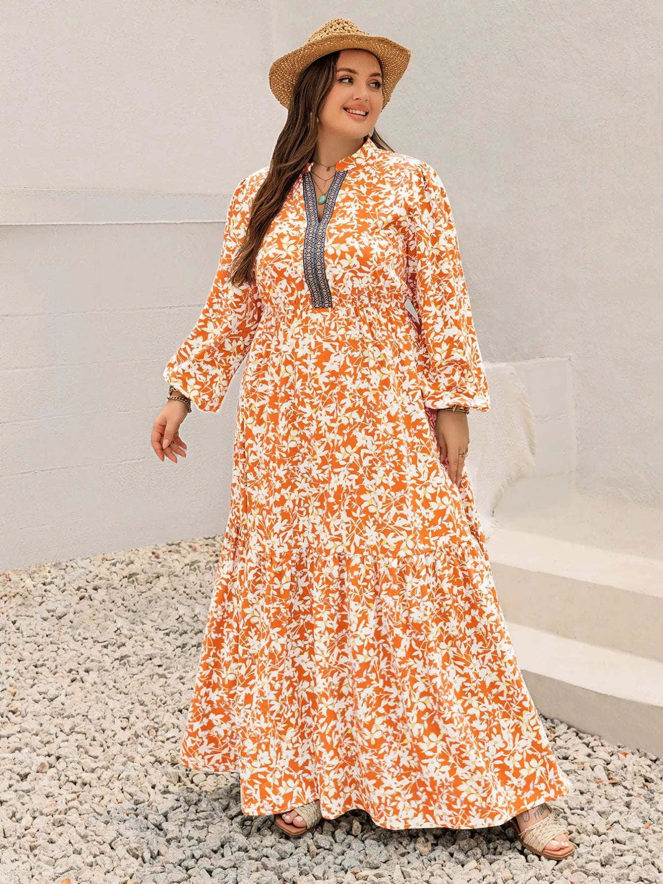 Plus size boho floral print maxi dress in orange and white with high neckline