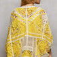 Yellow and cream POL open front crochet cardigan with lace patterns and scalloped edge