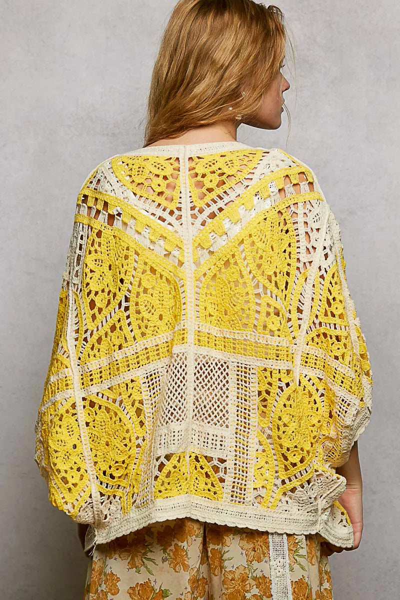 Yellow and cream POL open front crochet cardigan with lace patterns and scalloped edge