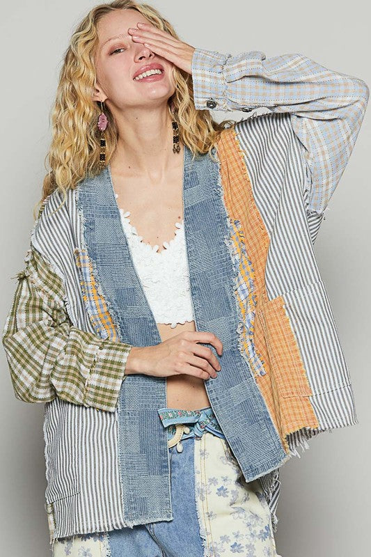 POL Raw Edge Plaid & Striped Open Front Cardigan GREEN BLUE MULTI Cardigans