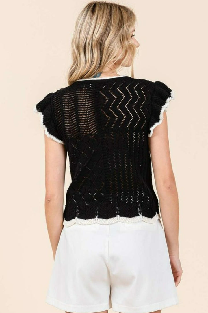 Mittoshop Openwork Contrast Trim Ruffled Cap Sleeve Knit Top Tops