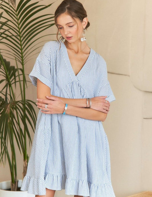 ADORA Ruffled Hem Striped V-Neck Babydoll Dress