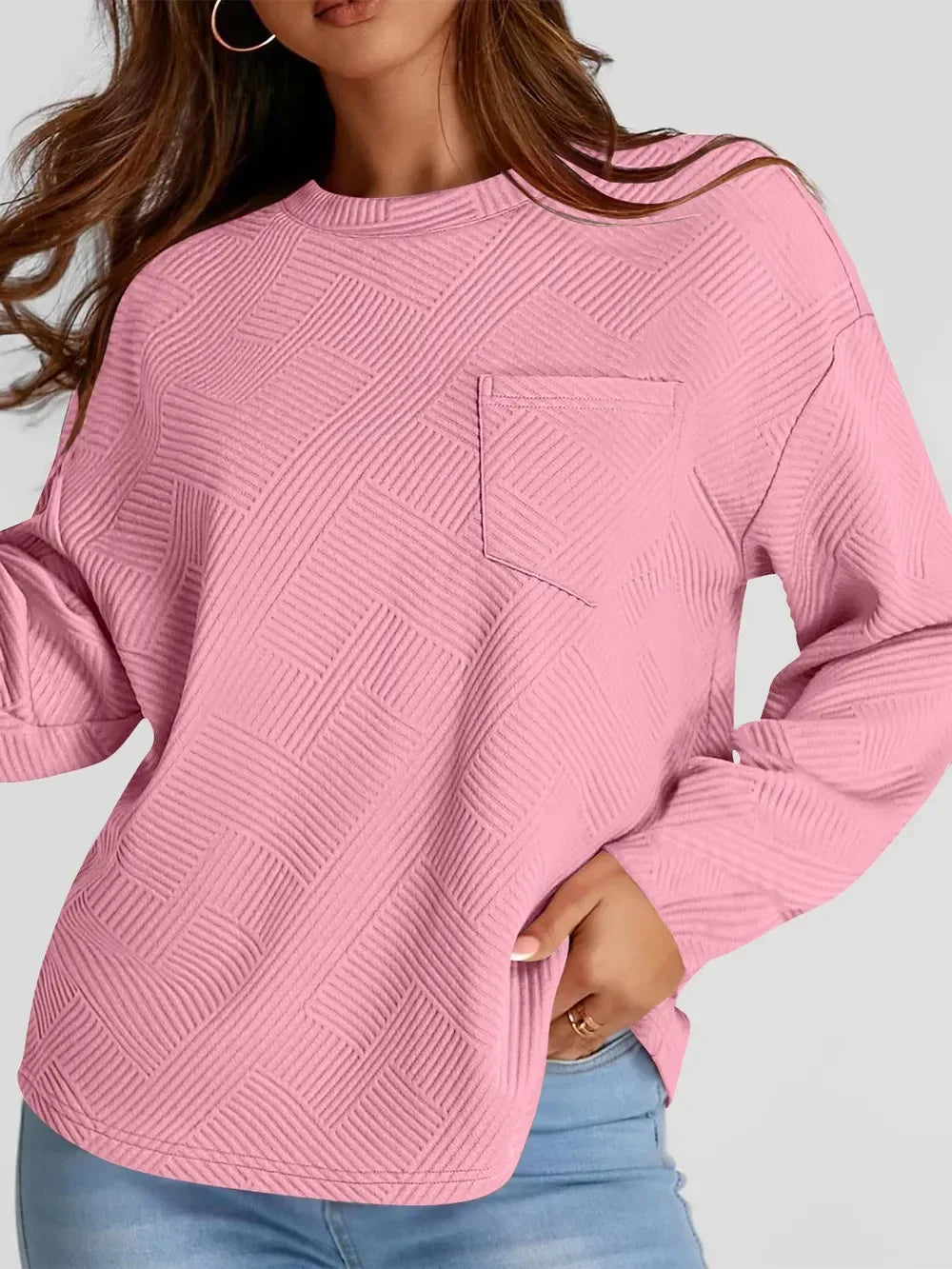 Full Size Texture Round Neck Long Sleeve Sweatshirt - DAVERRI FASHIONS