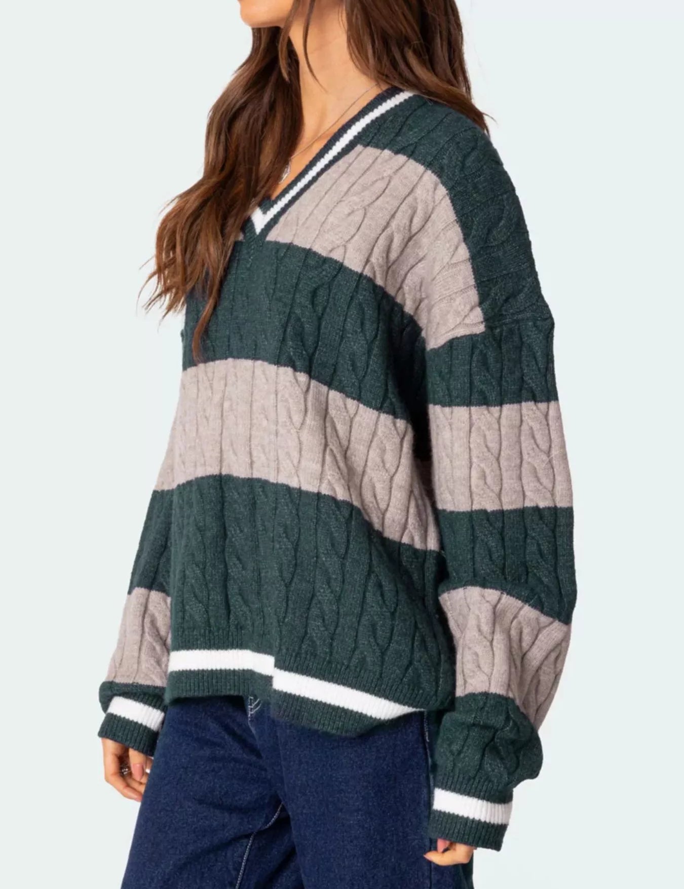 Dark Green Striped Cable Knit V-Neck Sweater | Sweaters Daverri Fashions