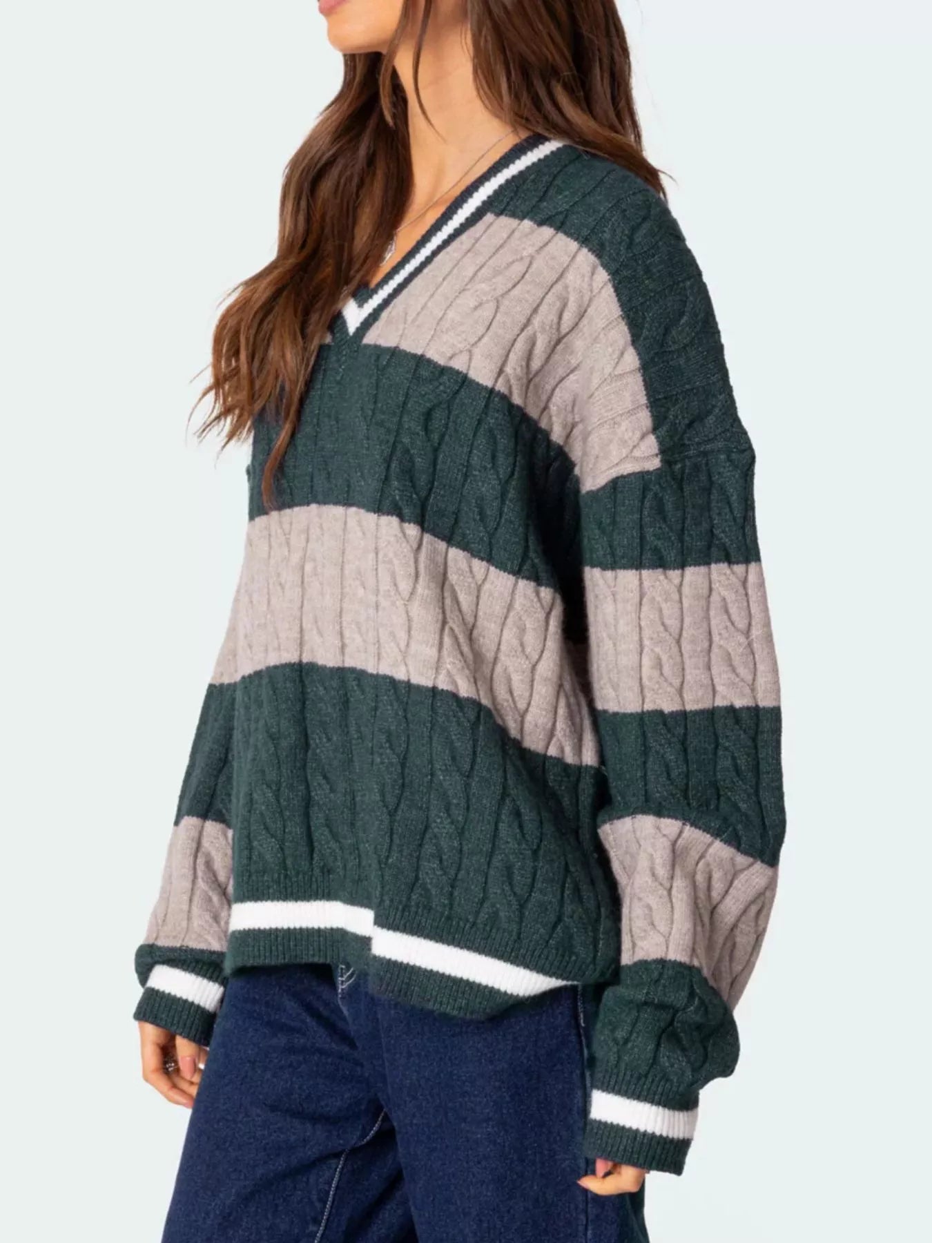 Dark Green Striped Cable Knit V-Neck Sweater | Sweaters Daverri Fashions