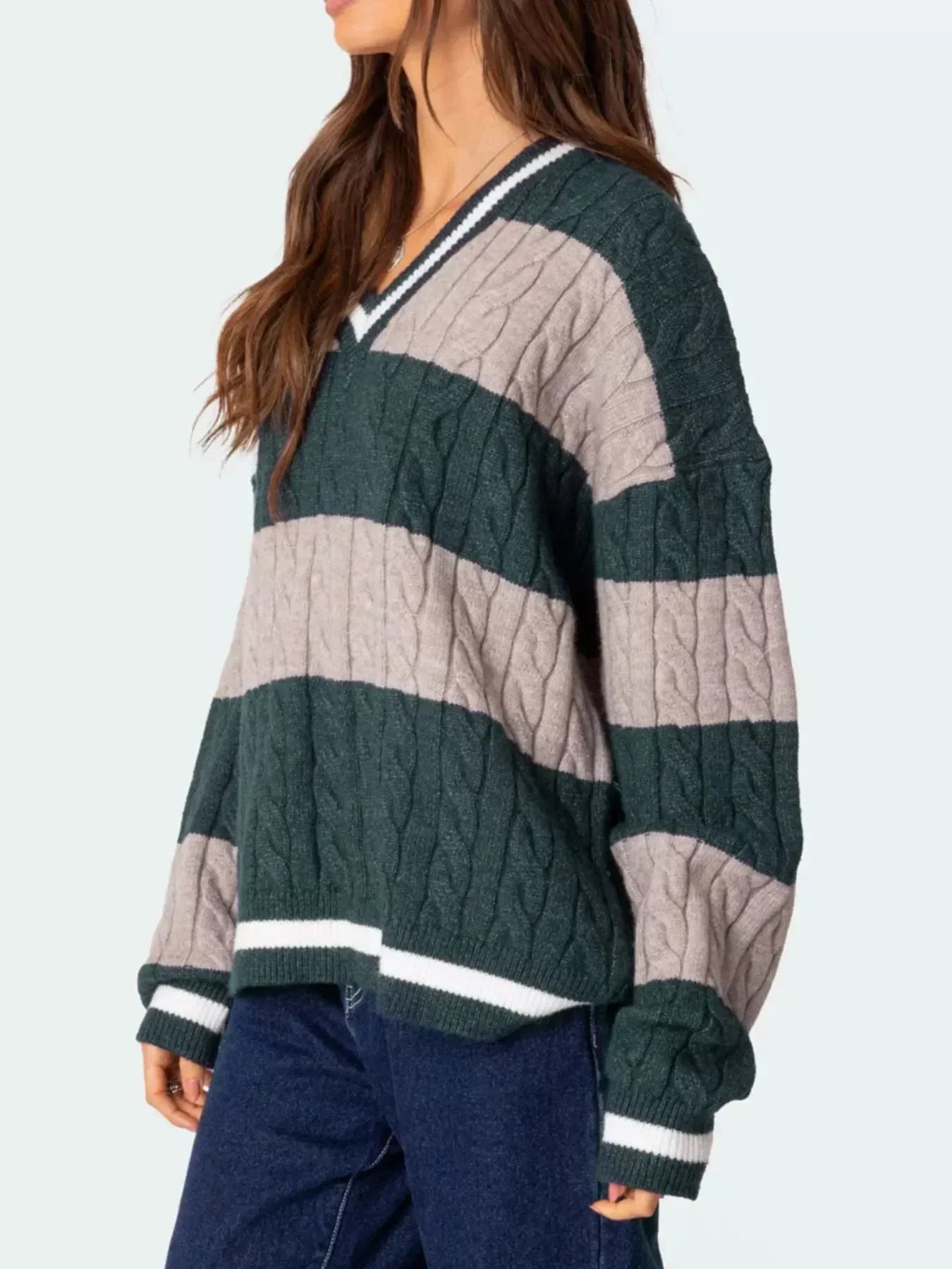 Striped Cable Knit V-Neck Sweater - DAVERRI FASHIONS