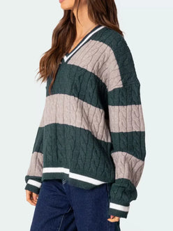 Striped Cable Knit V-Neck Sweater - DAVERRI FASHIONS