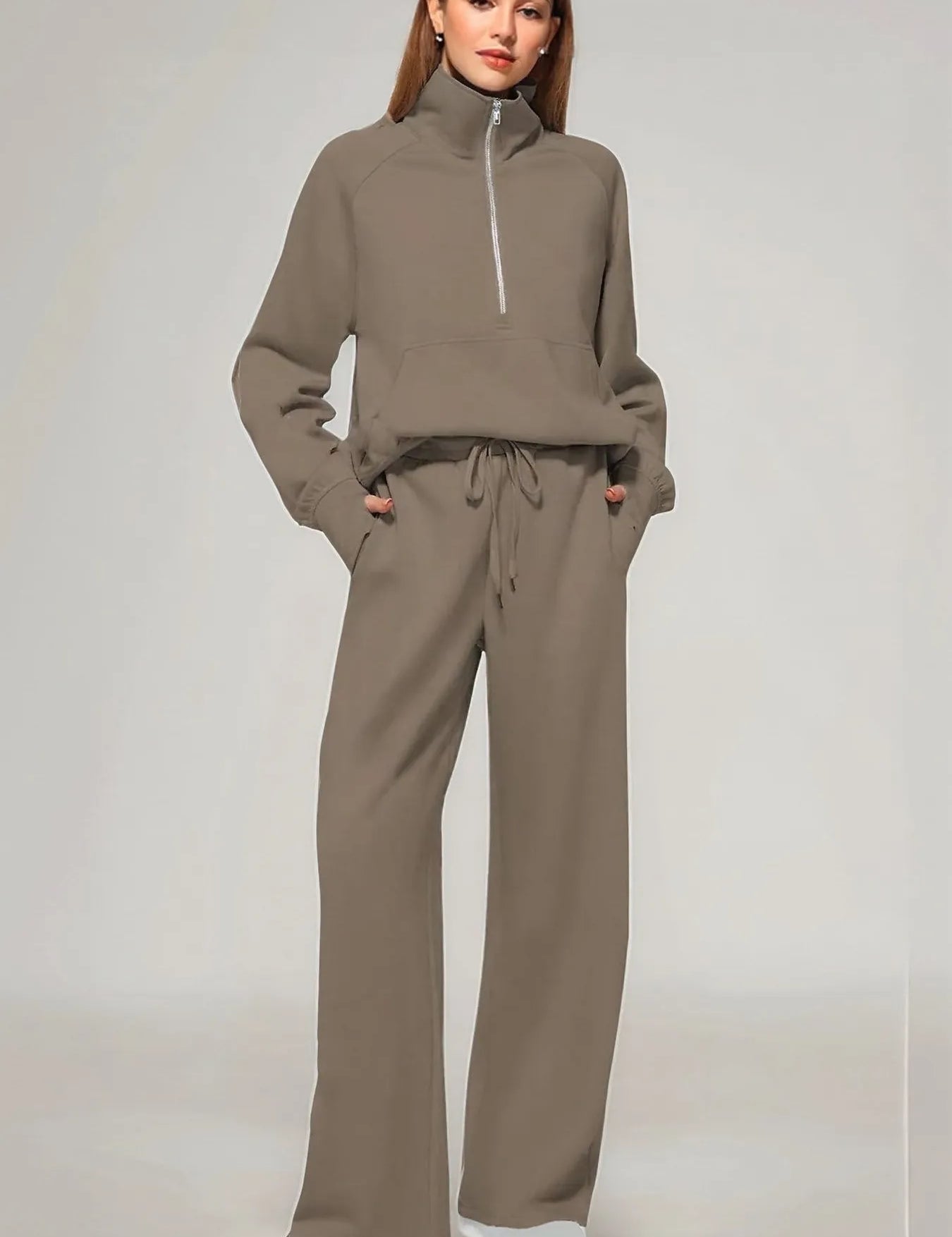 Brown Half Zip Long Sleeve Top and Pants Set | Loungewear Sets Daverri Fashions