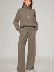 Brown Half Zip Long Sleeve Top and Pants Set | Loungewear Sets Daverri Fashions
