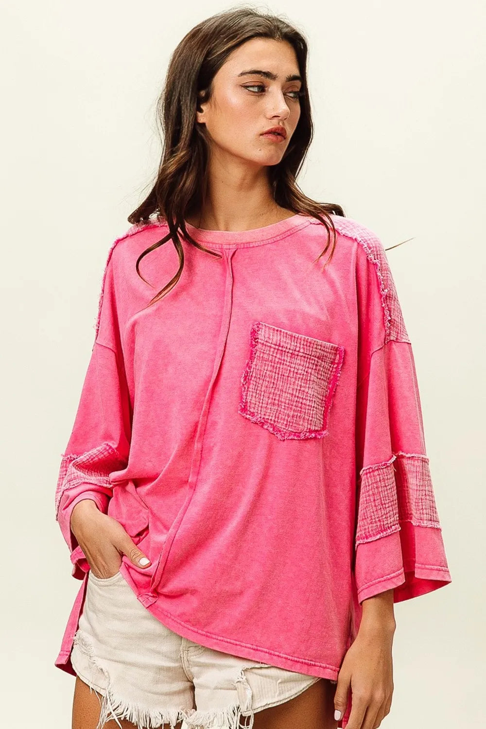 BiBi High-Low Washed T-Shirt in neon pink with lace details and pocket
