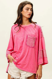 BiBi High-Low Washed T-Shirt in neon pink with lace details and pocket