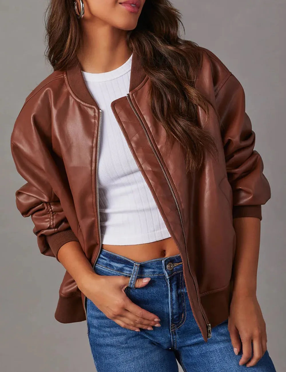 Brown Zip Up Long Sleeve Bomber Jacket | Bomber Jackets Daverri Fashions