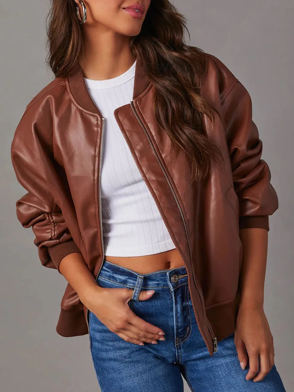 Brown Zip Up Long Sleeve Bomber Jacket | Bomber Jackets Daverri Fashions