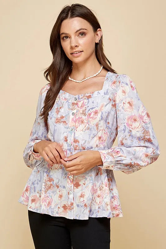 Lime 'N' Chili Floral Sweetheart Neckline Button Down Blouse PURPLE