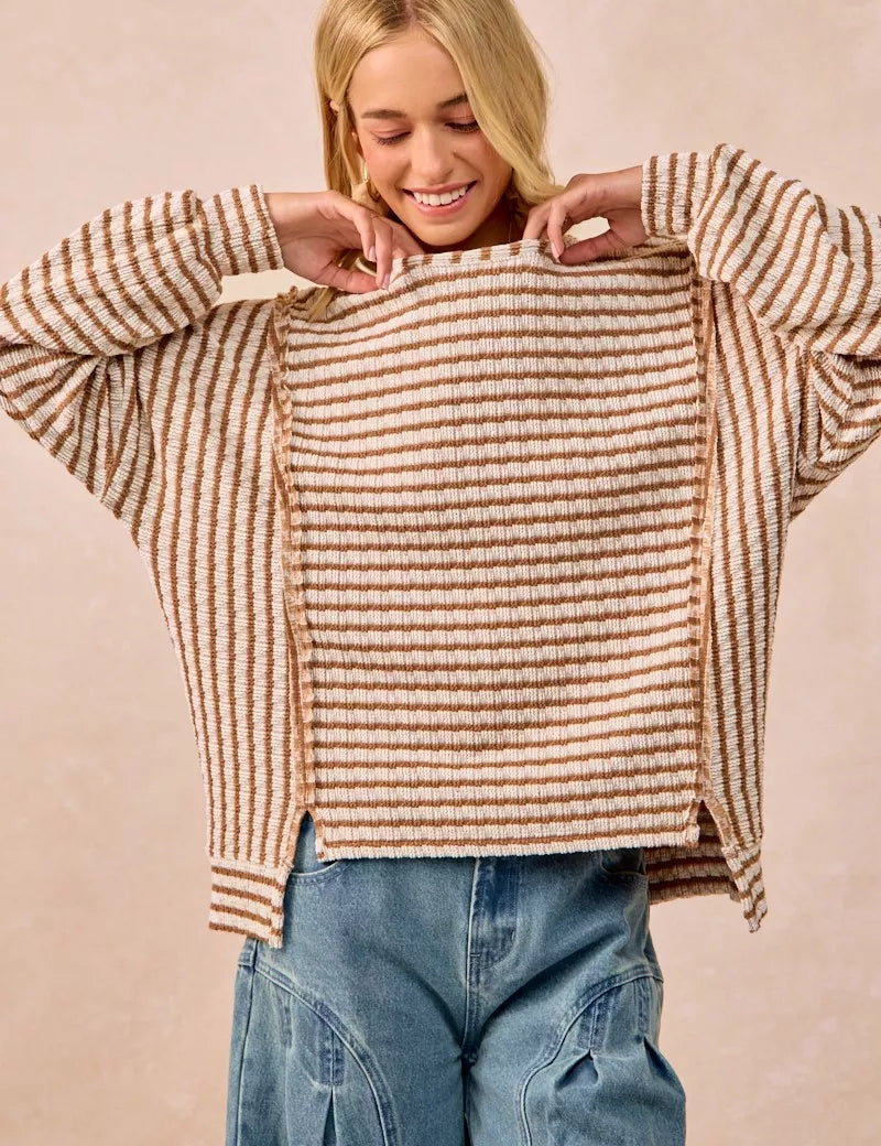 CAMEL BiBi Open Seam Detail Textured Stripe Knit Top | Knit Tops Daverri Fashions