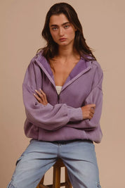 PERIWINKLE BiBi Stitch Detailed Elastic Hem Half Zip Fleece Hoodie Periwinkle | Hoodies Daverri Fashions