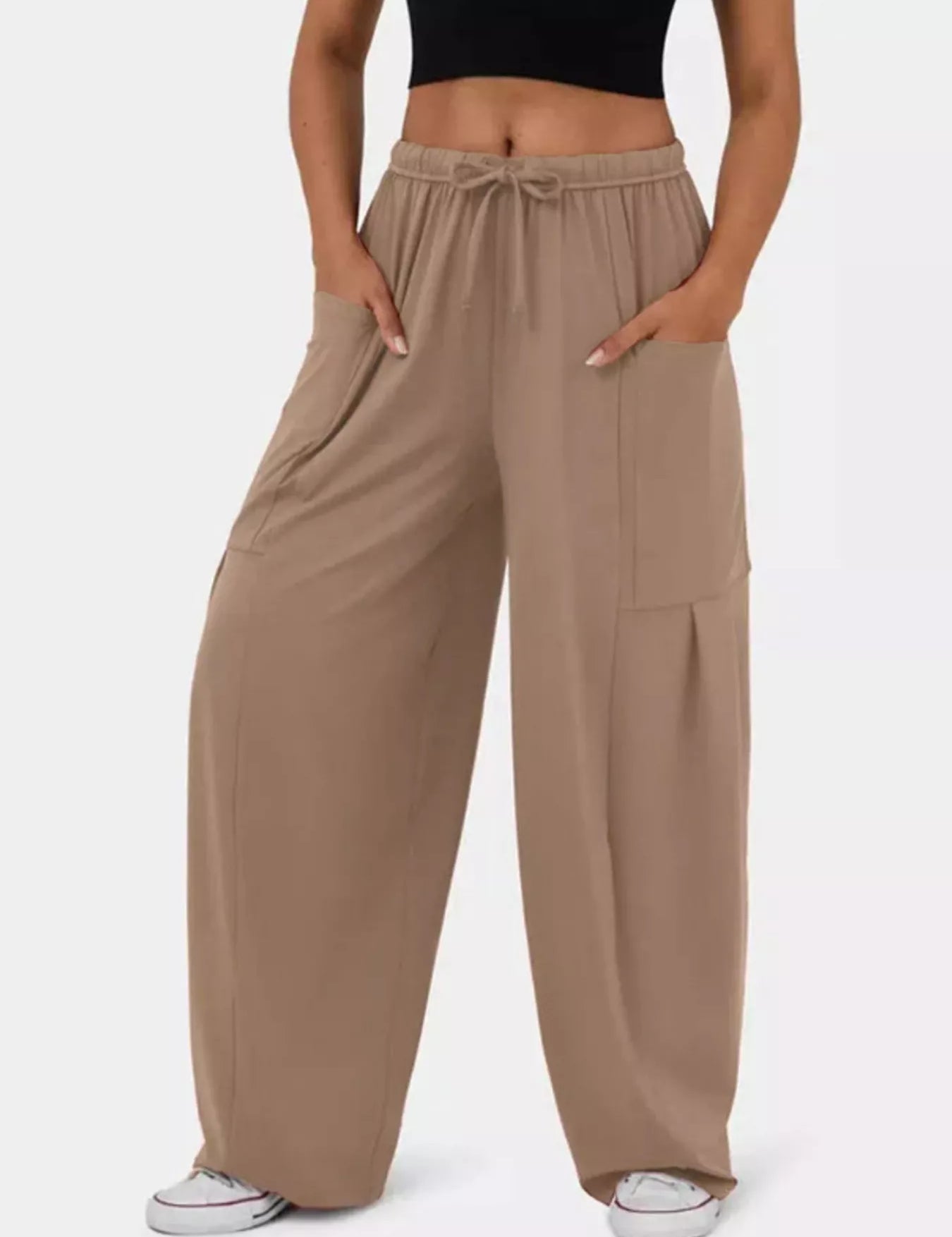 Khaki Drawstring Wide Leg Pants | Pants Daverri Fashions