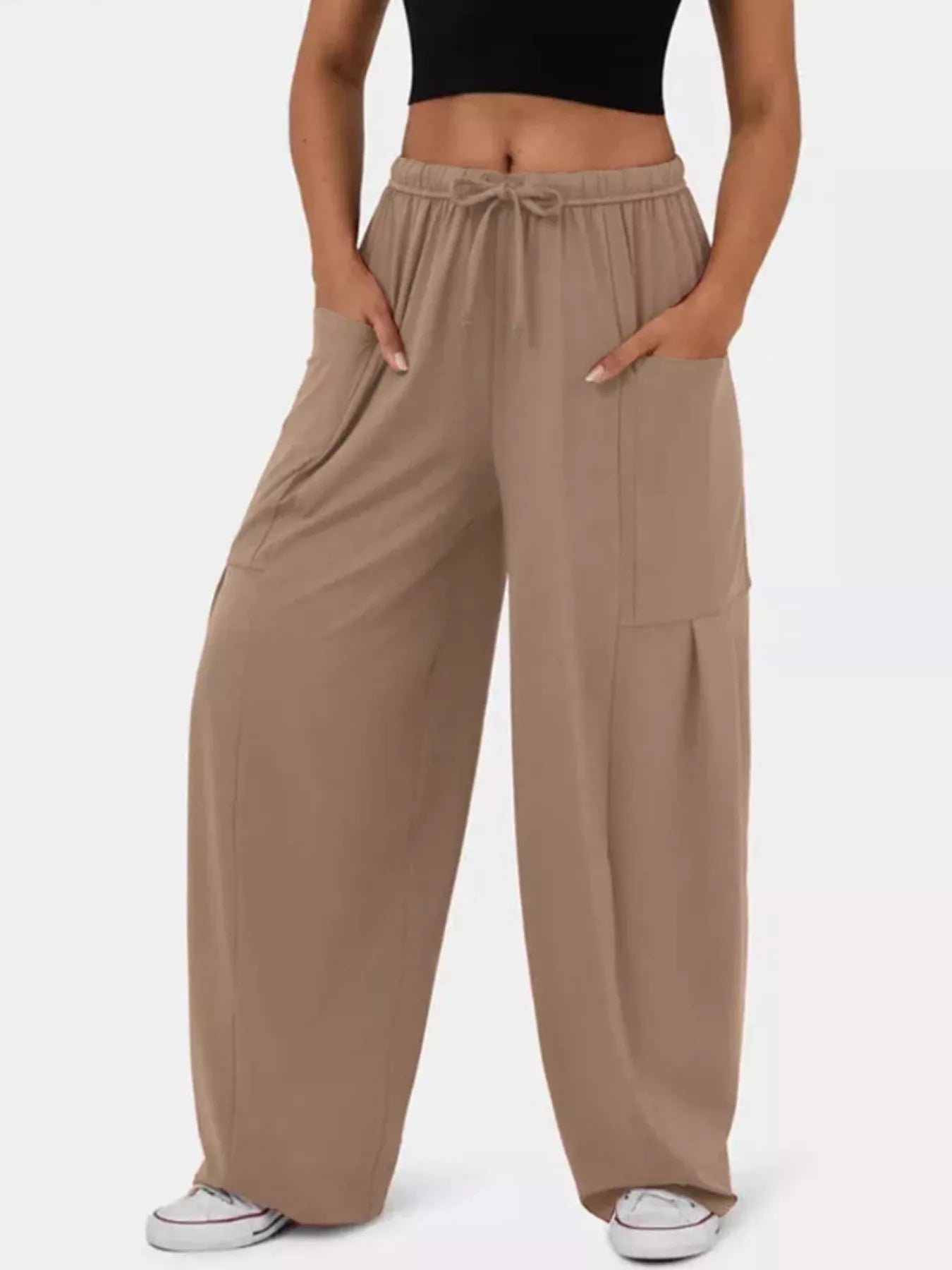 Khaki Drawstring Wide Leg Pants | Pants Daverri Fashions