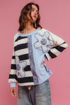 BiBi patchwork striped round neck sweatshirt with floral appliques