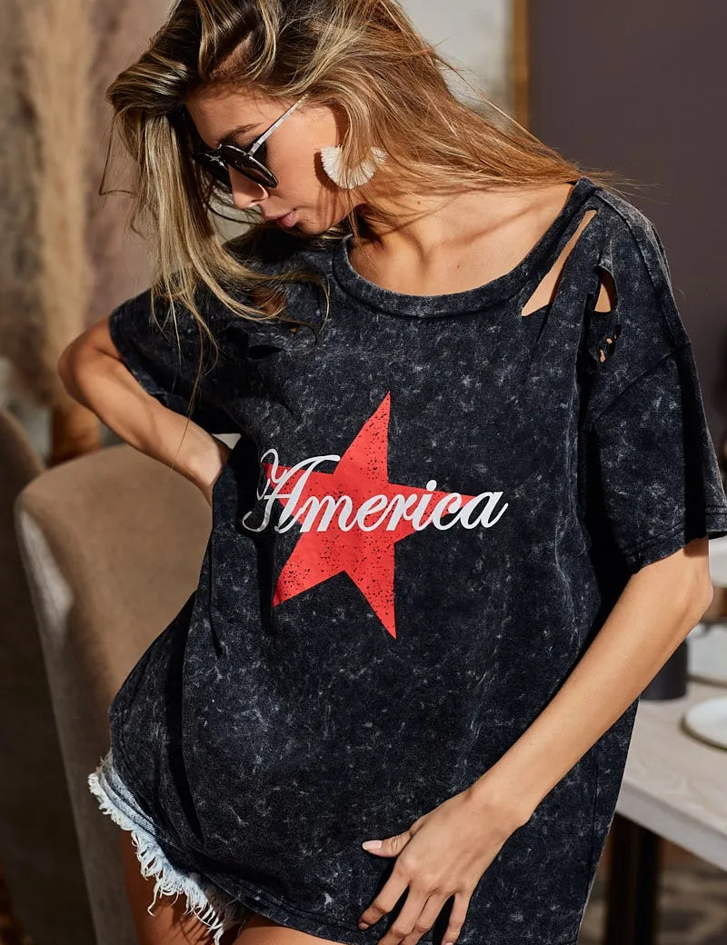 BiBi Laser Cut Mineral Washed Jersey Top with America | Tops Daverri Fashions