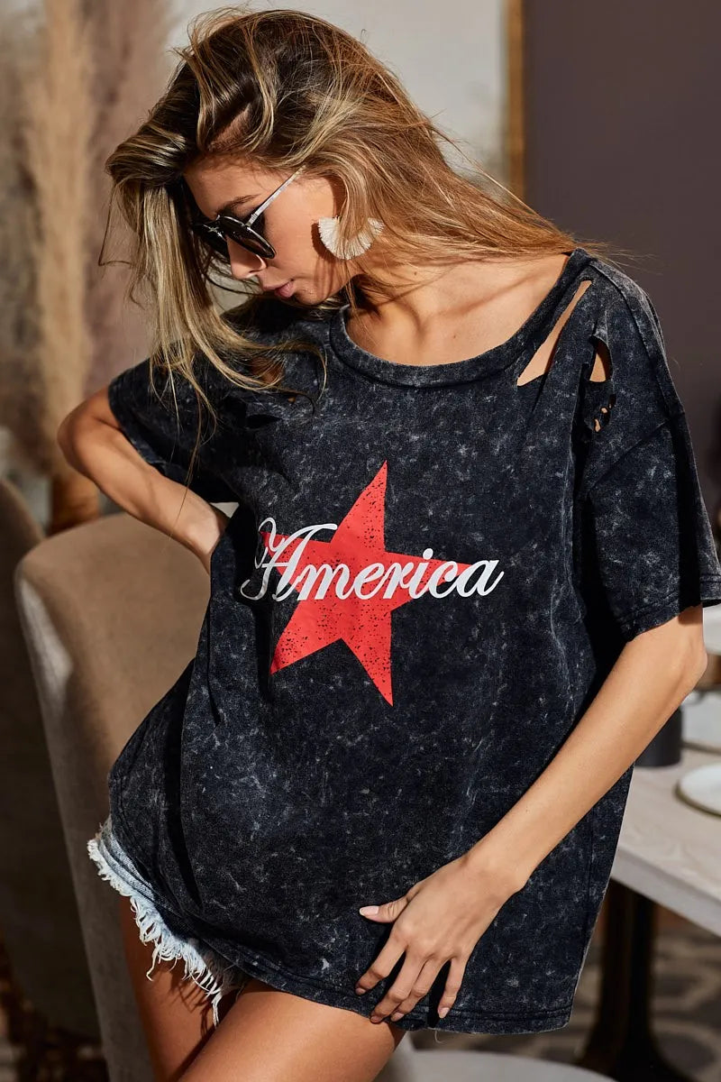BiBi Laser Cut Mineral Washed Jersey Top with America Tops