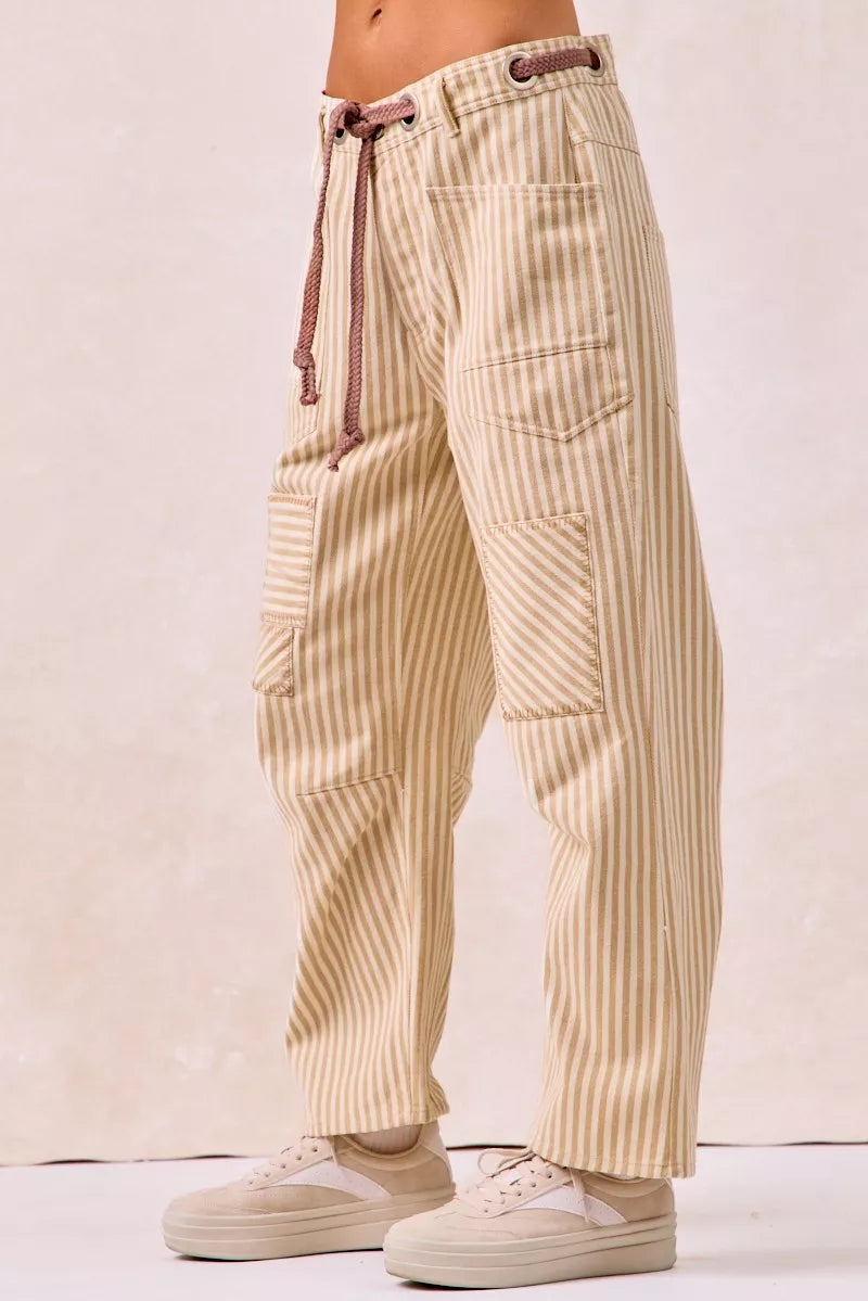BiBi Drawstring Striped Twill Barrel Pants Oatmeal back view