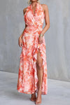 Floral print ruffle halter neck maxi dress in peach and coral