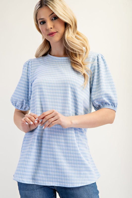 Celeste Full Size Gingham Print Top With Puff Sleeves Plus Size Light Blue