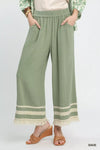 Sage-colored Umgee lace trim fringe hem linen cotton wide-leg pants