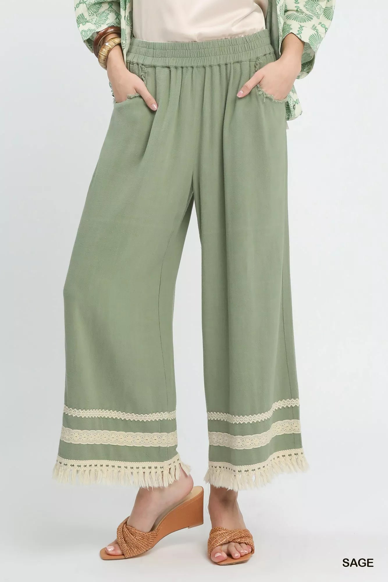 Sage-colored Umgee lace trim fringe hem linen cotton wide-leg pants
