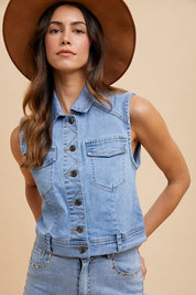 Annie Wear Collared Neck Button Down Denim Vest Medium Tops