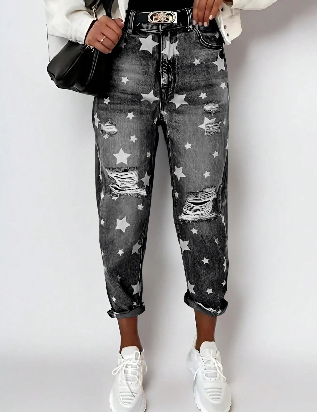 Dark Gray Star Print Distressed High Waist Boyfriend Jeans | Jeans Daverri Fashions