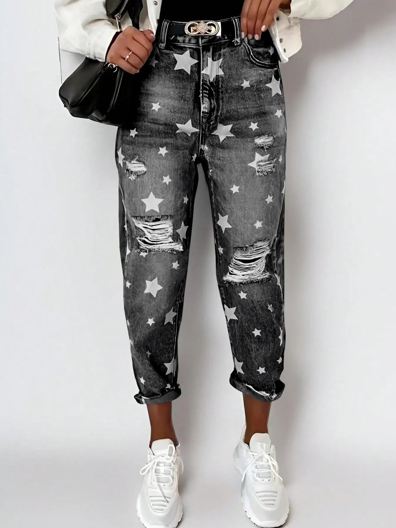 Dark Gray Star Print Distressed High Waist Boyfriend Jeans | Jeans Daverri Fashions