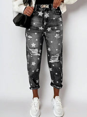 Dark Gray Star Print Distressed High Waist Boyfriend Jeans | Jeans Daverri Fashions