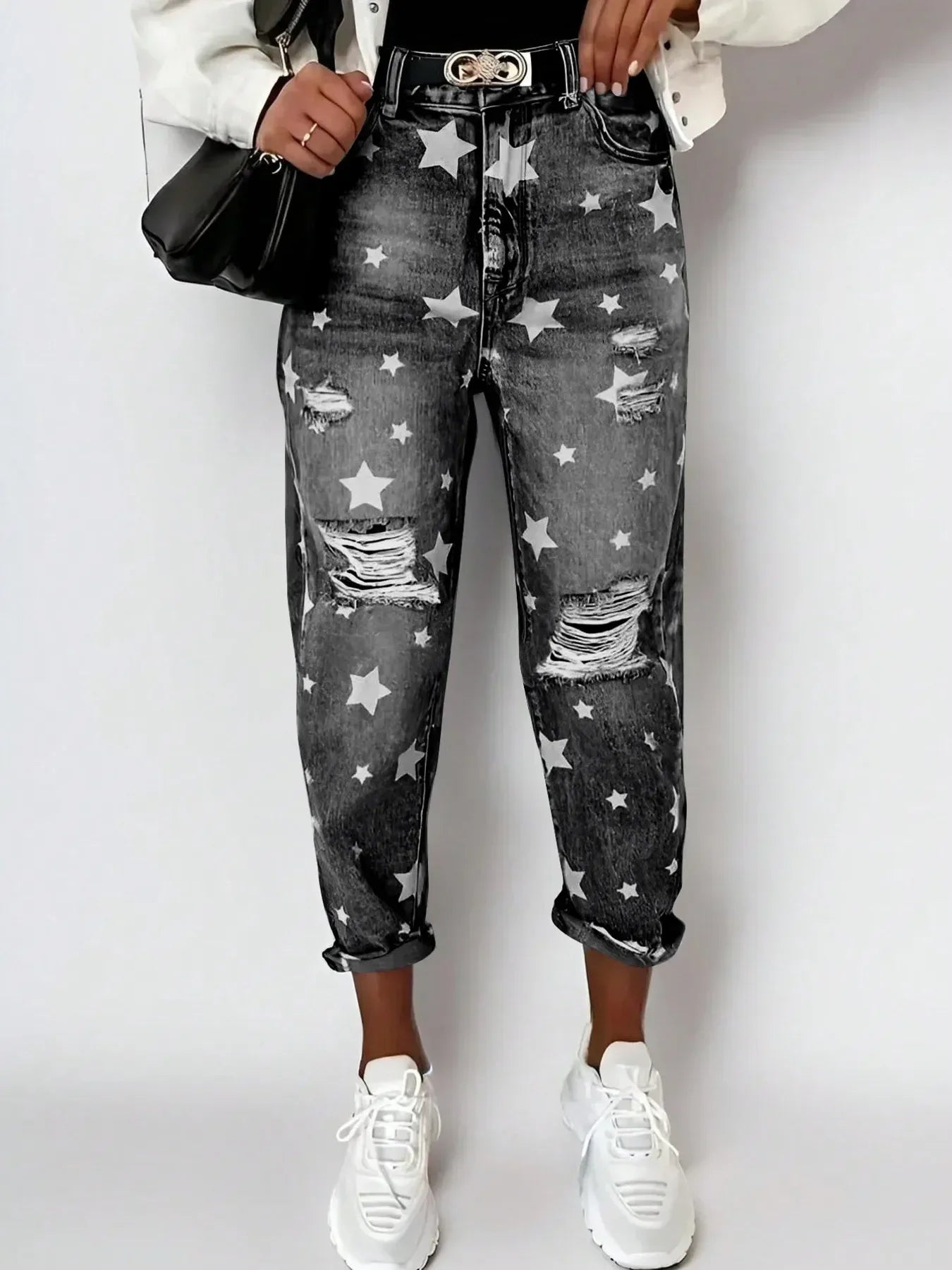 Star Print Distressed High Waist Boyfriend Jeans - DAVERRI FASHIONS