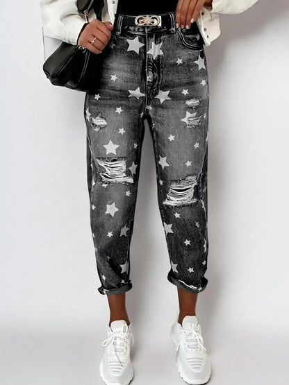 Star Print Distressed High Waist Boyfriend Jeans - DAVERRI FASHIONS