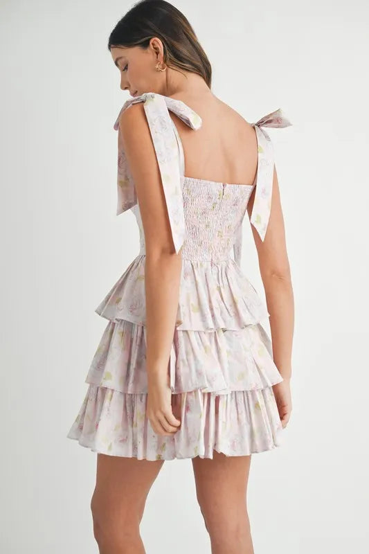 MABLE Floral Print Shoulder Tie Layered Mini Dress Mini Dresses