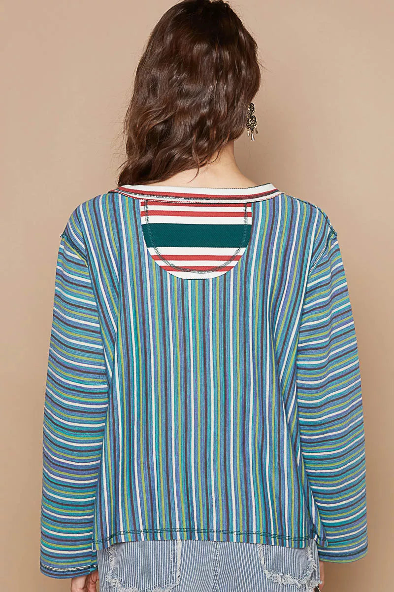 POL Color Block Striped Round Neck Long Sleeve T-Shirt | T-Shirts Daverri Fashions