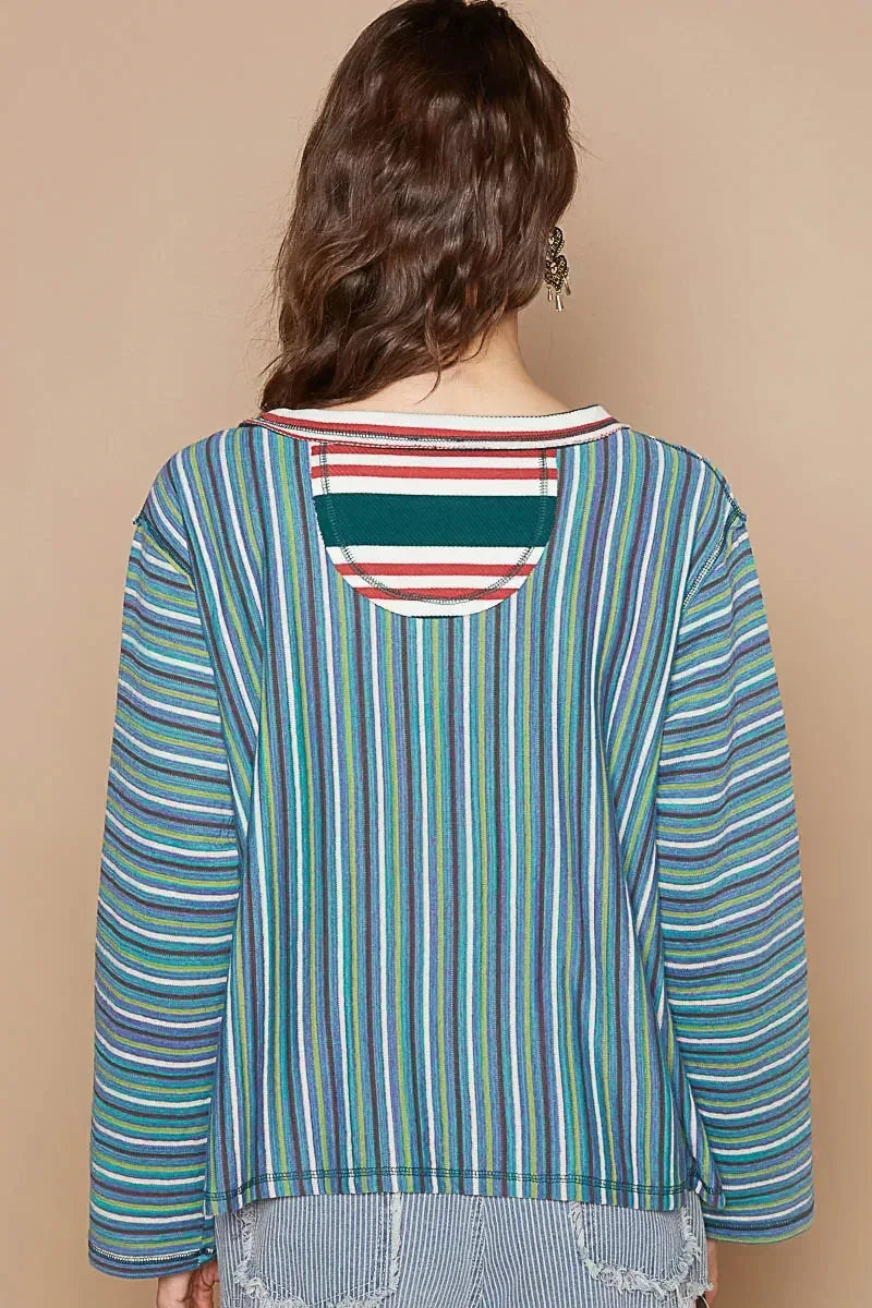 POL Color Block Striped Round Neck Long Sleeve T-Shirt - DAVERRI FASHIONS