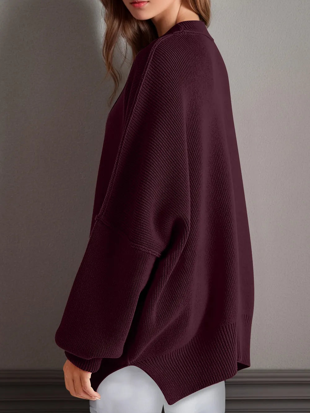 Side Slit Round Neck Long Sleeve Sweater | Sweaters Daverri Fashions