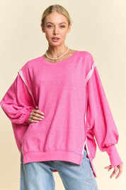 Davi & Dani Side Slit High-Low Lantern Sleeve Knit Top Fuchsia Pink M Tops