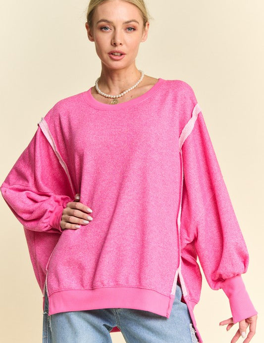 Davi & Dani Side Slit High-Low Lantern Sleeve Knit Top Fuchsia Pink M Tops